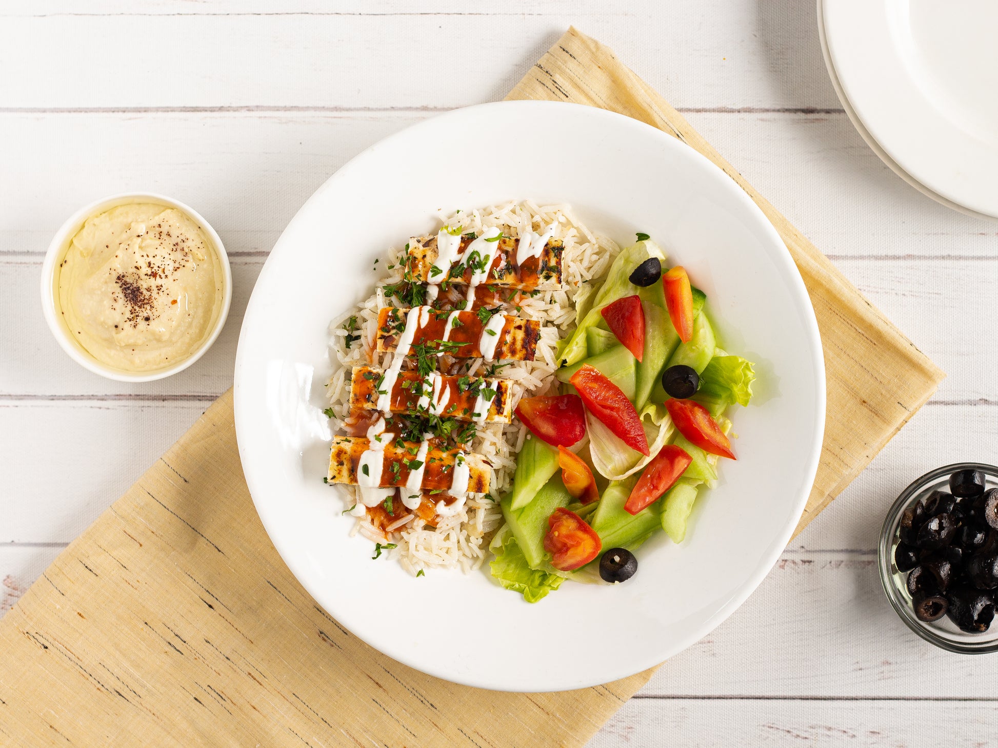 Grilled Paneer with Herb Rice and Hummus Image